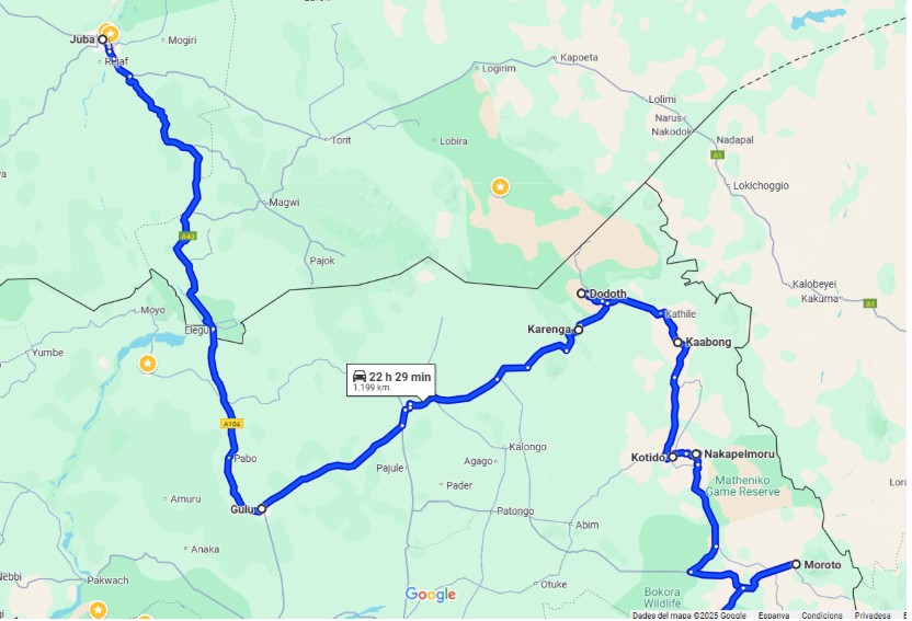 Mapa Juba (South Sudan) - Moroto (Uganda)